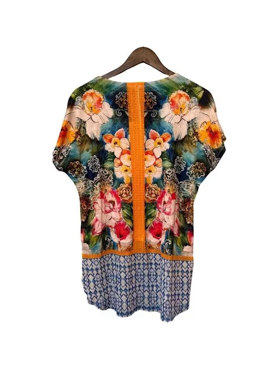 Floral Print Multicolor High-Low Blouse With Orange Accents Size L Tropical - Picture 2 of 7